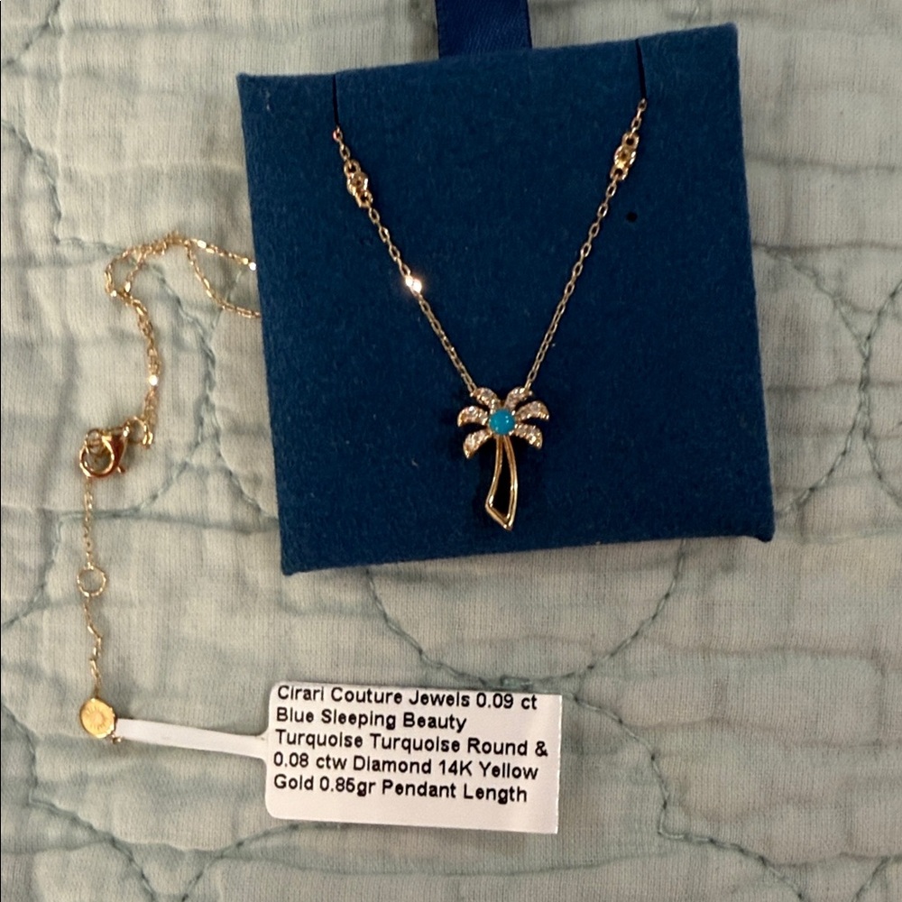 14 kt yellow gold Palm Tree Pendant Turquoise and Diamond a Adjustable chain